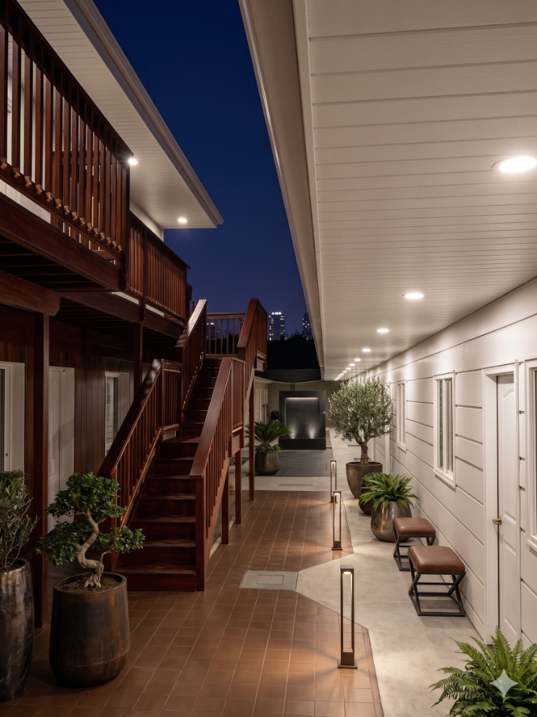 Pasillo exterior de noche — Hotel Willson